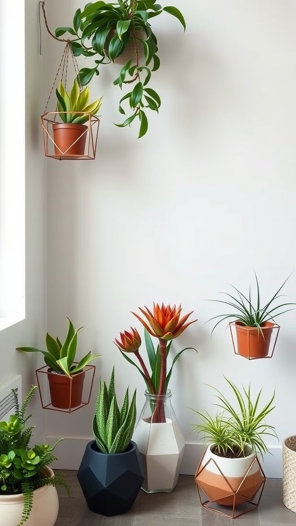 A collection of air plants in geometric holders, showcasing modern indoor plant decor.