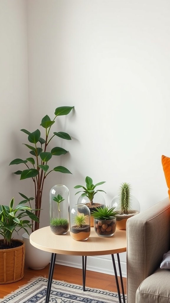 A cozy living room corner featuring a coffee table with several artistic terrariums containing various indoor plants.