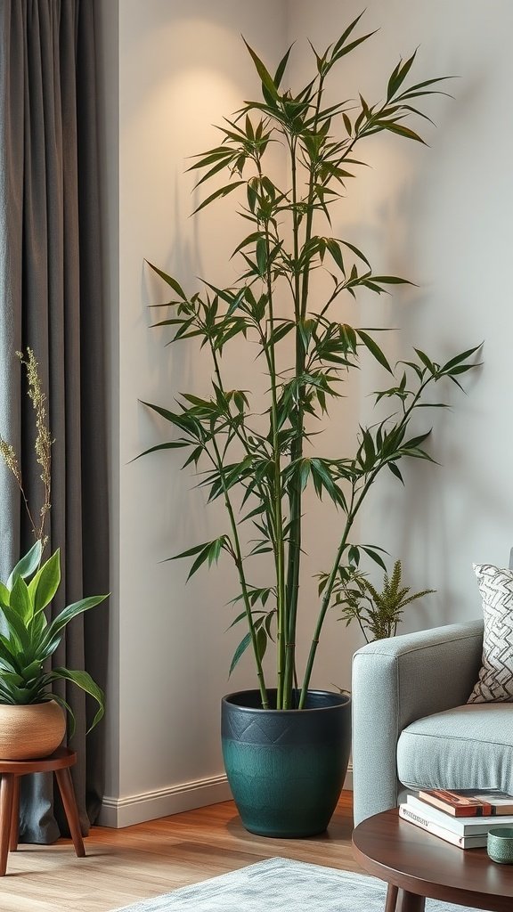 A tall bamboo plant in a stylish pot next to a sofa in a modern living room.