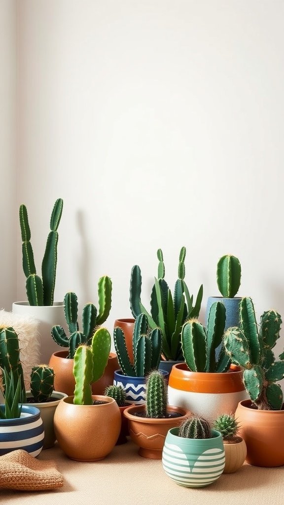 A collection of cacti in various pots displayed on a surface, showcasing different shapes and sizes.