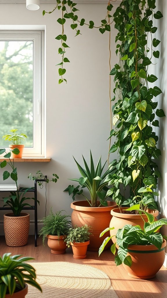 An indoor corner filled with various plants, including cascading vines, creating a lively and cozy atmosphere.