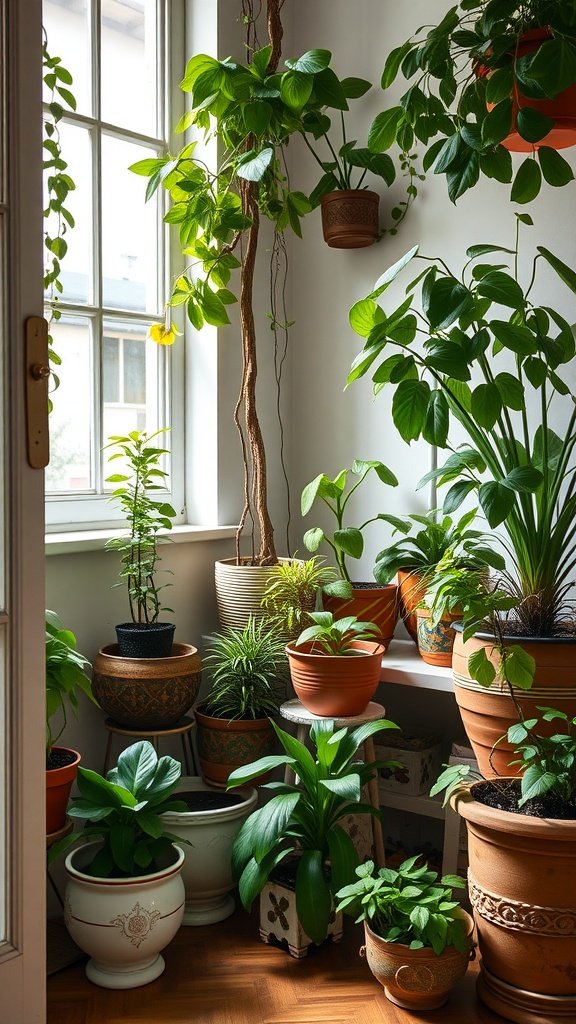 Cozy indoor corner with a collection of plants in vintage planters