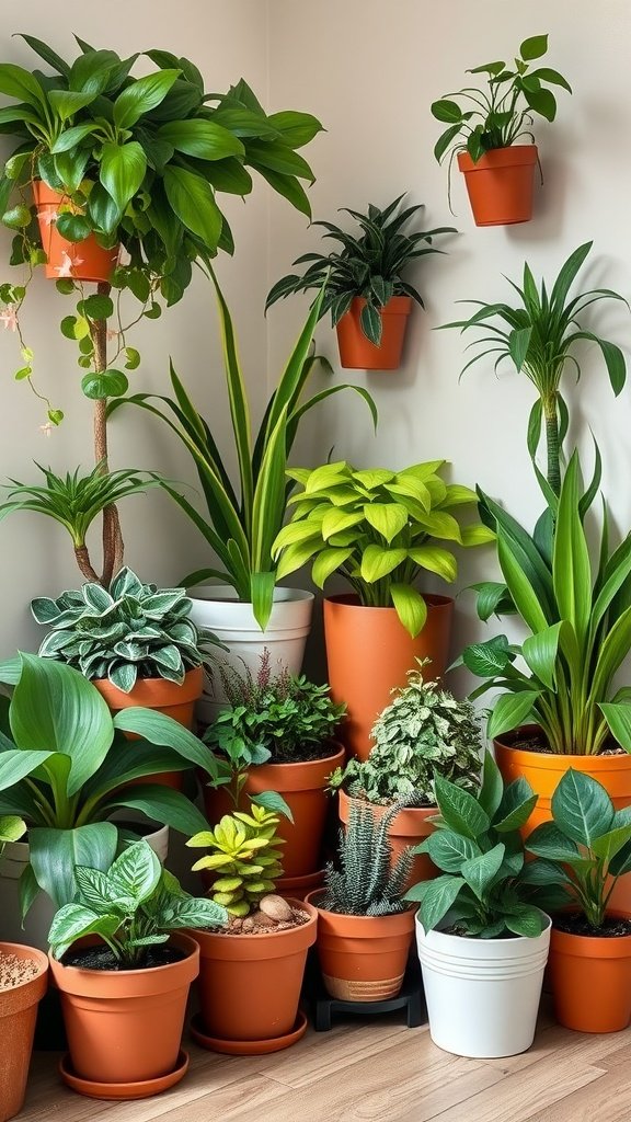 A collection of indoor plants in terracotta and white pots arranged in a living room corner.