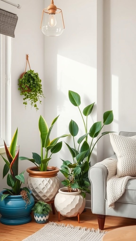 Cozy living room corner with various indoor plants and a hanging planter, creating a coastal vibe.