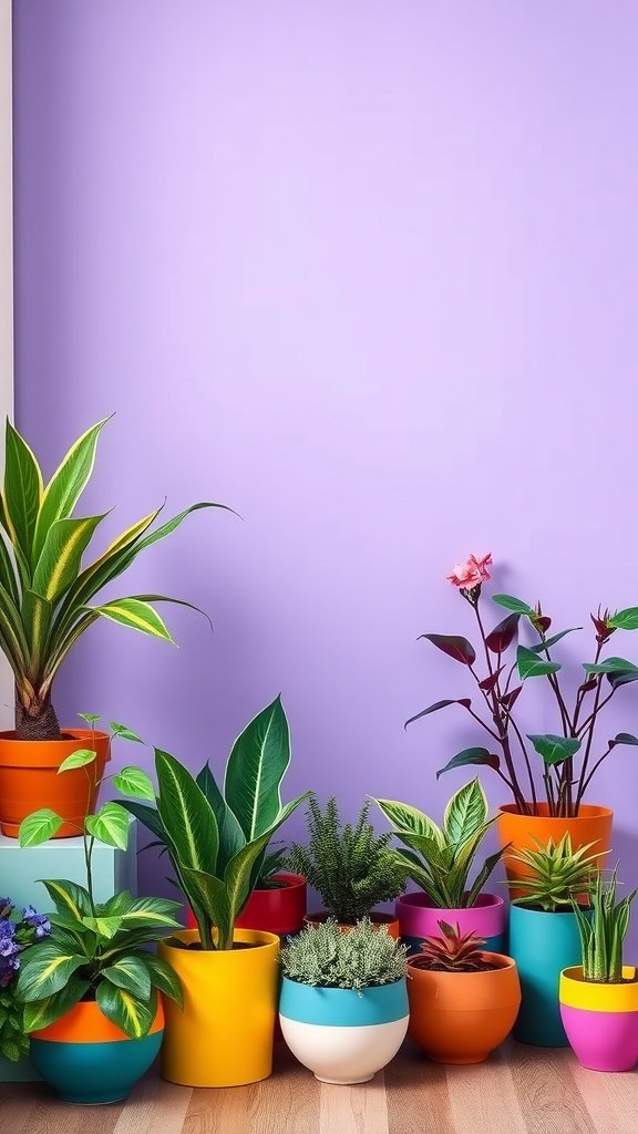 Colorful plant arrangement in pots of various sizes against a purple wall