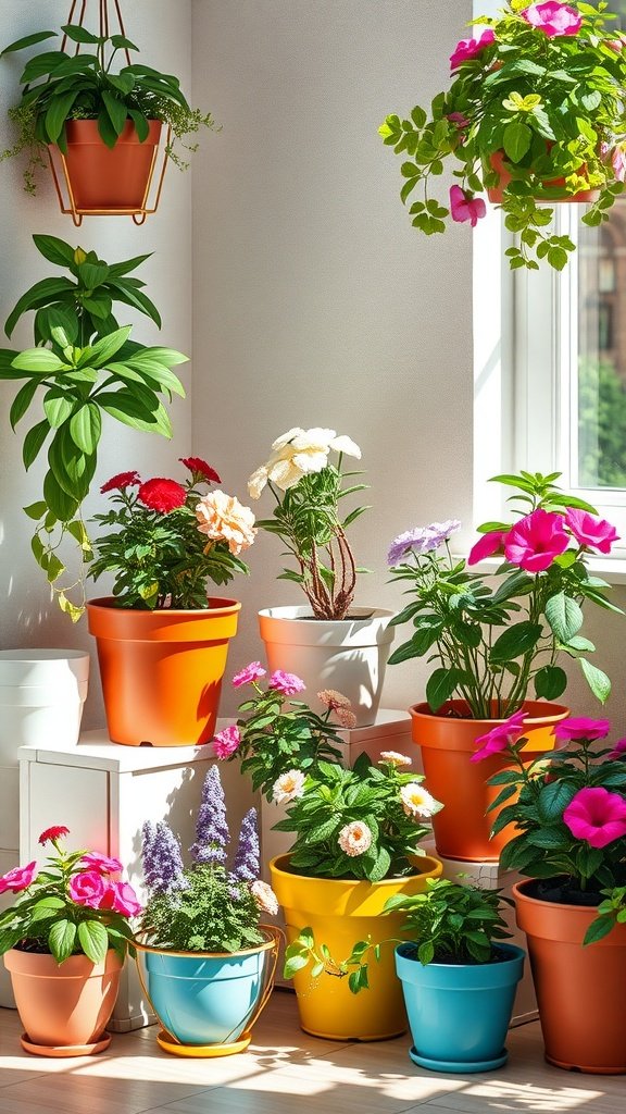 A collection of colorful floral pots filled with various indoor plants near a window.