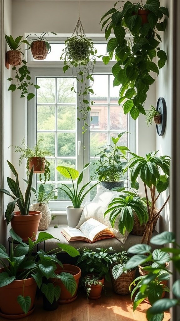 A cozy reading nook with various indoor plants surrounding a window seat, featuring an open book and soft cushions.