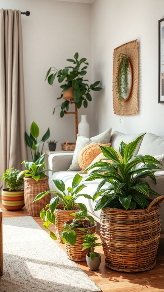 A cozy living room corner featuring various indoor plants in woven baskets, creating a warm and inviting atmosphere.