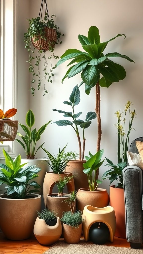 A collection of indoor plants in unique decorative planters, showcasing various shapes and sizes in a living room corner.