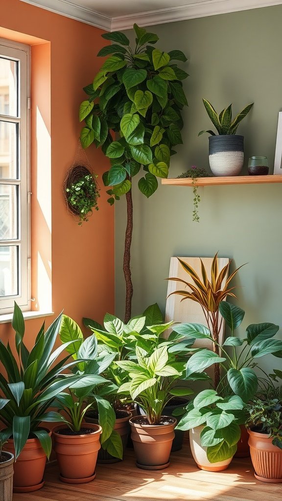 Indoor plants in a living room corner with warm orange and green walls.