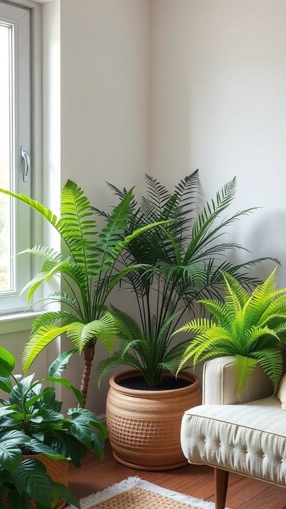 Corner of a living room featuring various ferns in pots and a cozy chair.