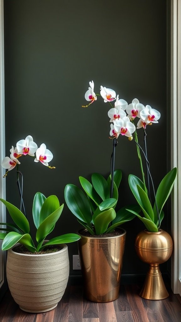 A display of white orchids in stylish pots against a dark wall.