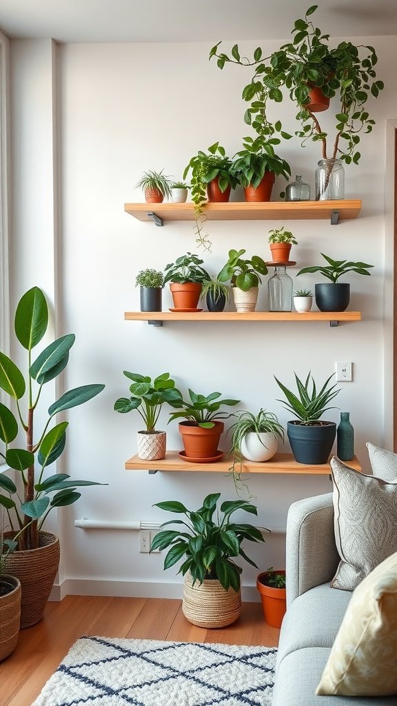 A corner wall featuring wooden shelves filled with various indoor plants in decorative pots.