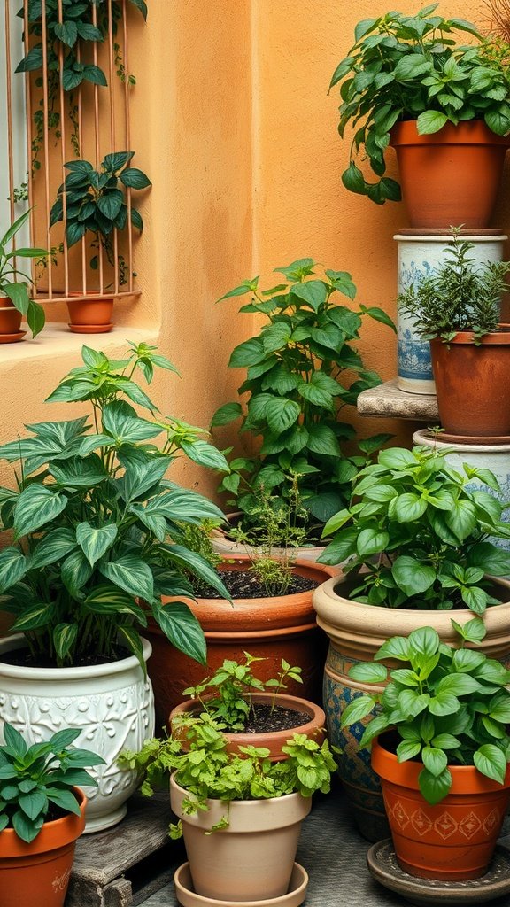 A collection of potted herbs and plants in a corner, showcasing vibrant greens and various pot designs.