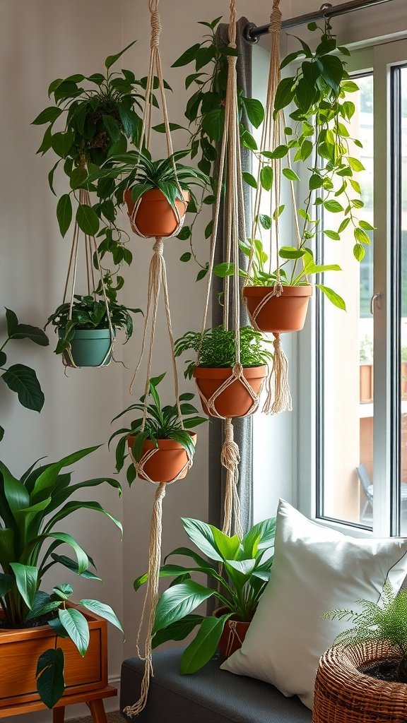 Hanging plants in macrame holders, featuring various indoor plants displayed in terracotta pots.