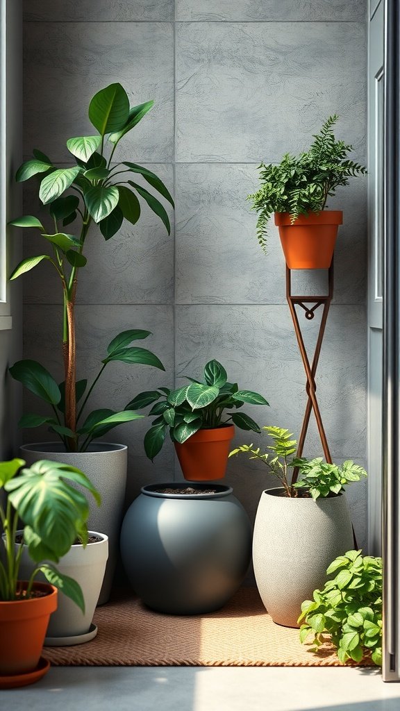 A corner featuring various indoor plants in stylish pots and a plant stand, showcasing modern plant care technology.