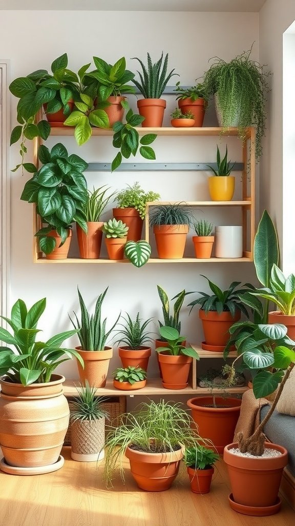 A colorful indoor plant wall with various plants in terracotta pots on a wooden shelf, ideal for kids' interaction.