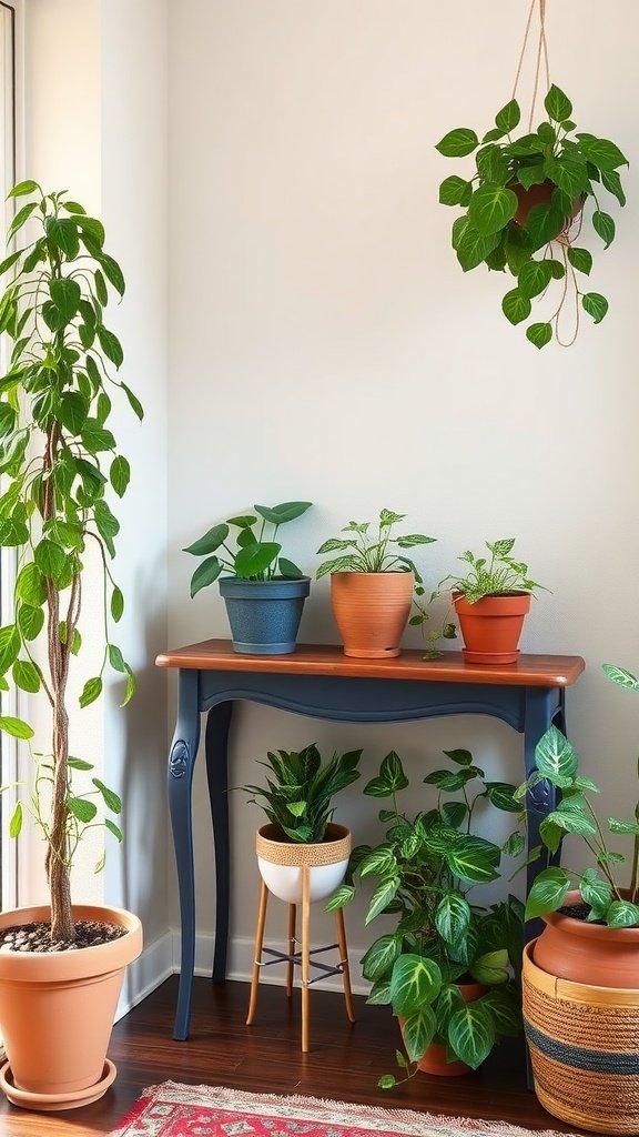 A corner of a living room featuring a variety of indoor plants on a console table, including a hanging plant and a kidney bean plant in a pot.