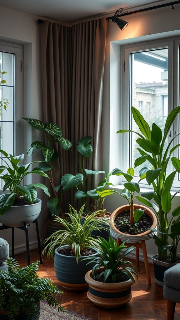 A well-lit corner of a living room featuring various indoor plants in decorative pots.