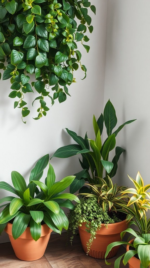 A collection of various indoor plants in pots, showcasing layered textures and diverse plant varieties in a living room corner.