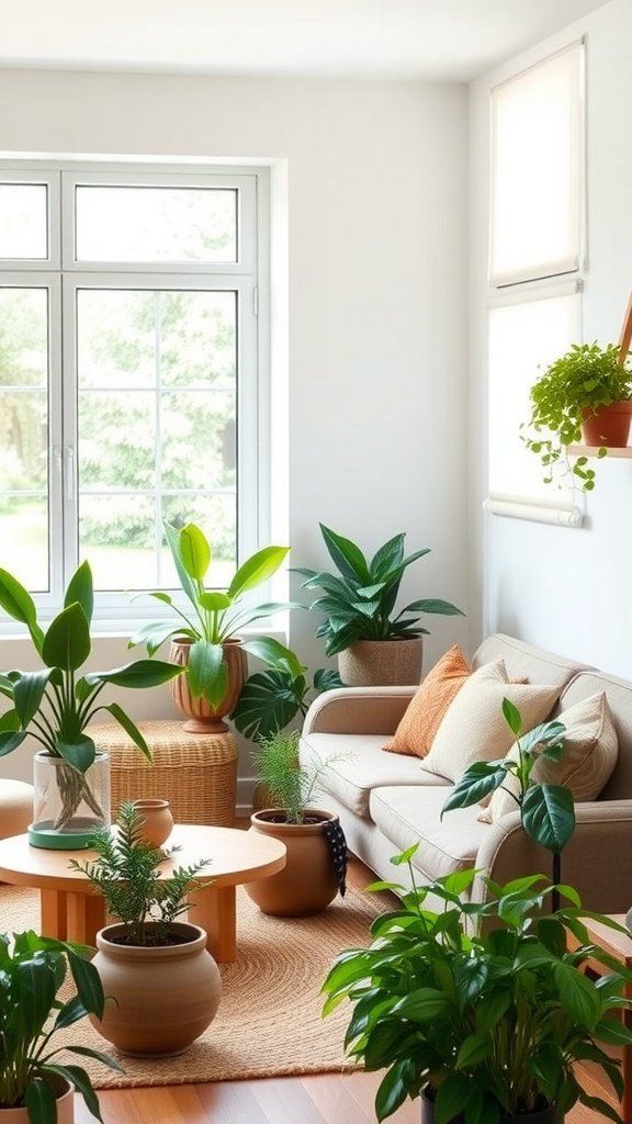 A cozy living room corner filled with indoor plants, showcasing a mix of sizes and textures, with natural light streaming in through the windows.