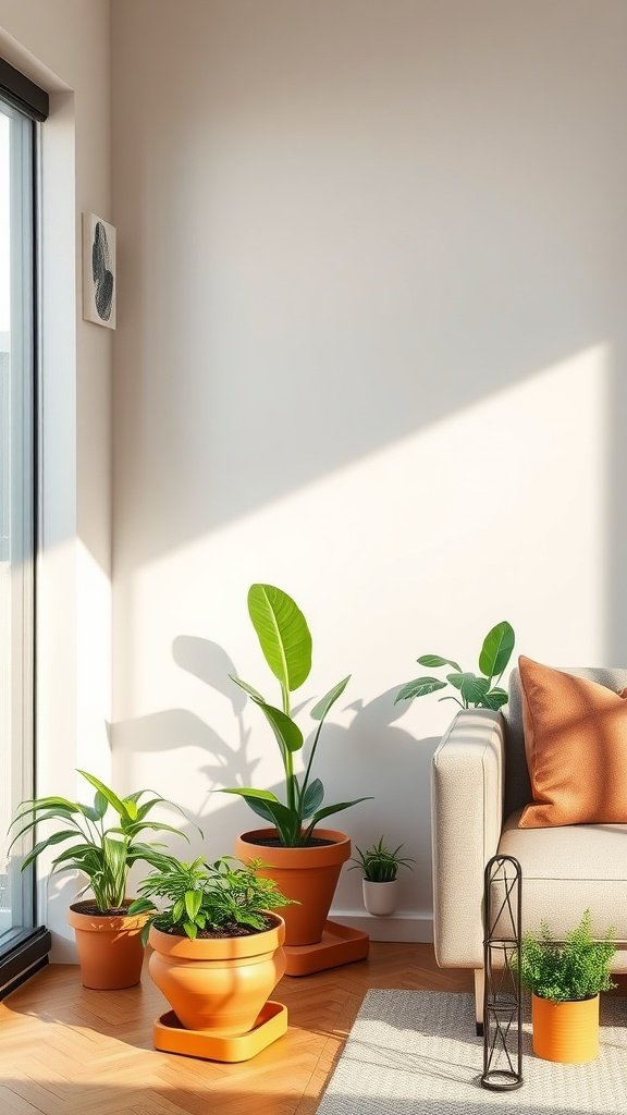 Minimalist display of indoor plants in terracotta pots in a living room corner.