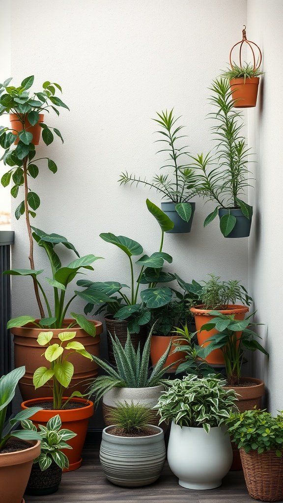 A collection of various indoor plants arranged in pots on a wall, showcasing a vibrant and lively living room corner.