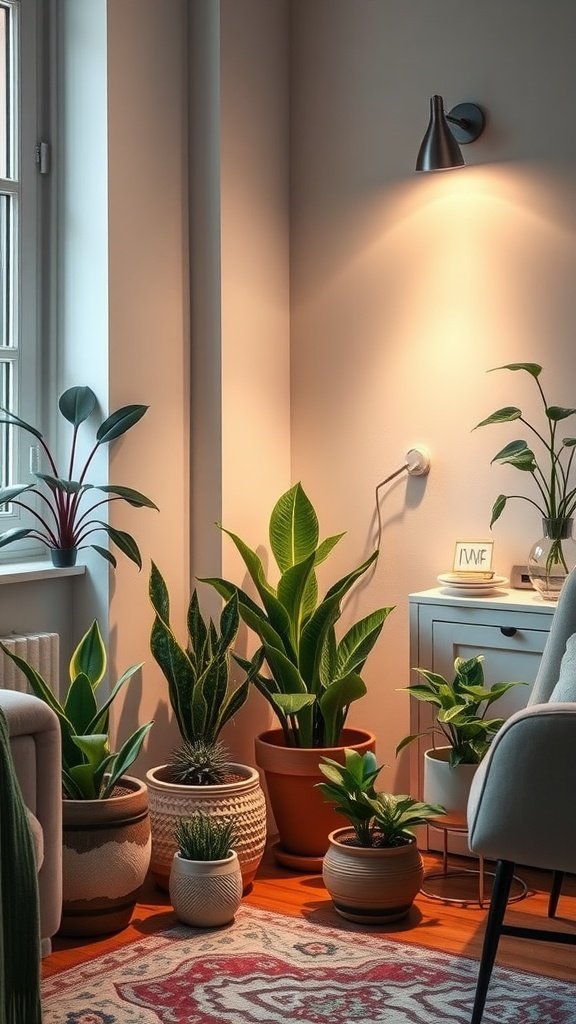 Cozy living room corner with various indoor plants and mood lighting.