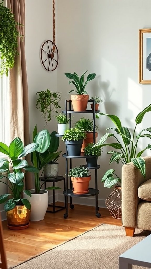 A multi-tiered plant stand filled with various indoor plants in a cozy living room corner.