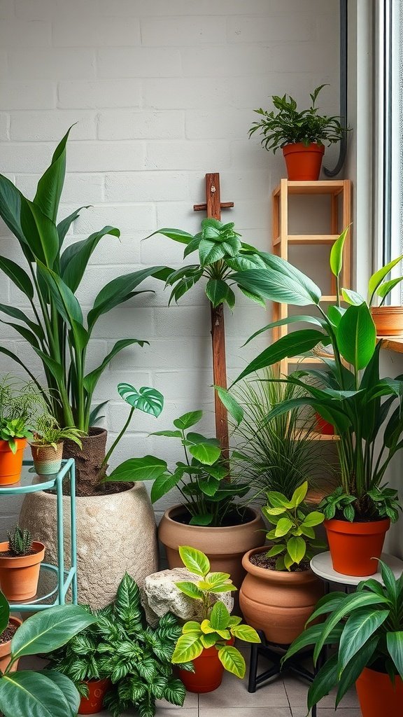 A cozy indoor plant arrangement featuring a large natural stone planter, various house plants in terracotta pots, and a wooden plant stand against a white brick wall.