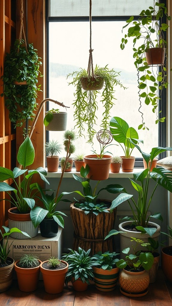 Indoor plants displayed in a wooden corner with natural wood elements, showcasing various house plants in pots.