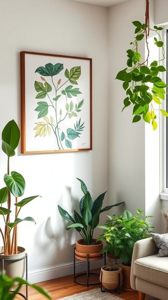 A cozy living room corner featuring various indoor plants and a nature-inspired artwork on the wall.