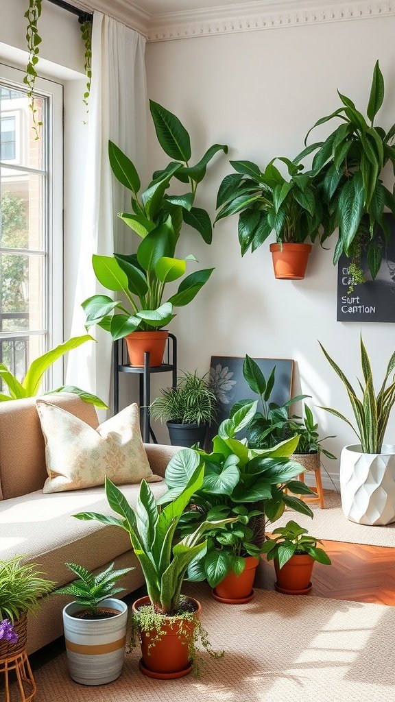 Indoor plants arranged in a cozy living room corner with a sofa, plant stand, and decorative pots.