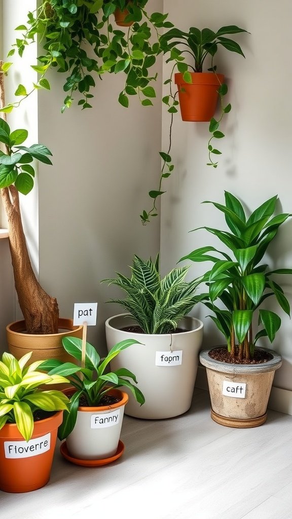 A corner of a living room with various indoor plants labeled with names like 'Fanny' and 'pat' for personalized decor.