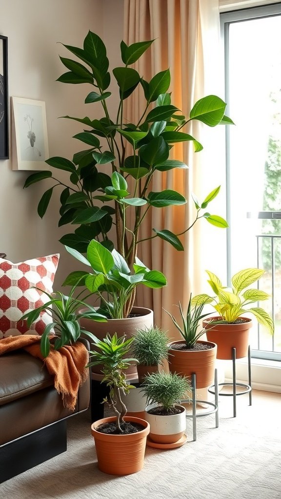 A cozy living room corner featuring various indoor plants, including a large leafy plant and smaller potted plants on a stand, alongside a sofa with a patterned throw pillow.