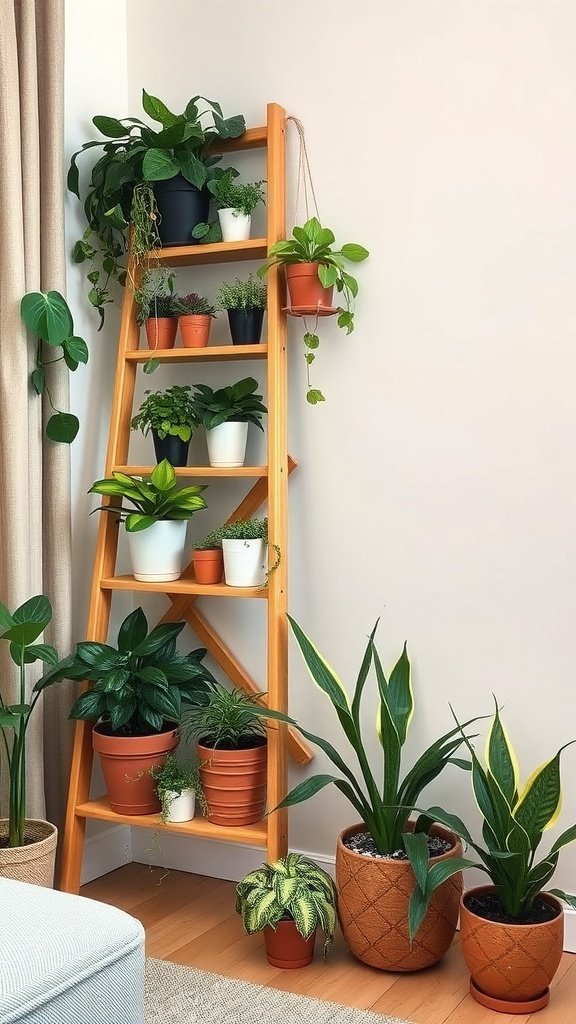 A wooden plant ladder displaying various indoor plants in pots, placed in a cozy living room corner.