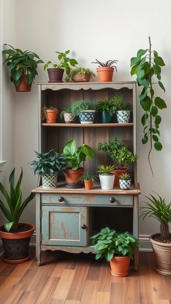 A vintage cabinet repurposed as a plant stand, showcasing various indoor plants in pots.