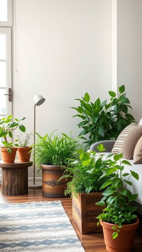 A cozy living room corner with rustic wood planters and various indoor plants