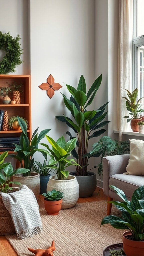 A cozy living room corner featuring various indoor plants in decorative pots, showcasing seasonal decor potential.