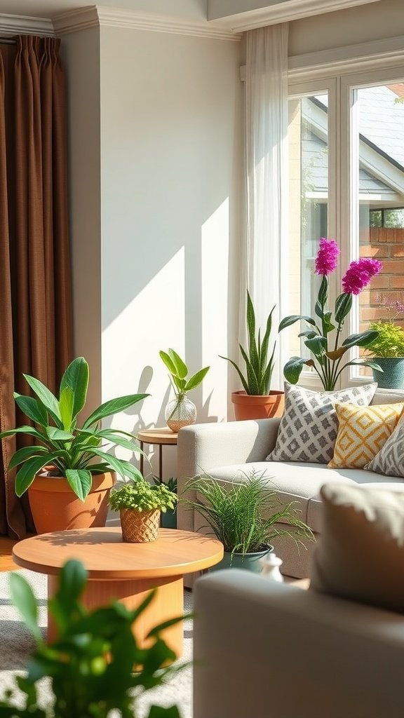 A bright living room corner featuring various indoor plants including orchids and leafy greens, creating a cozy atmosphere.