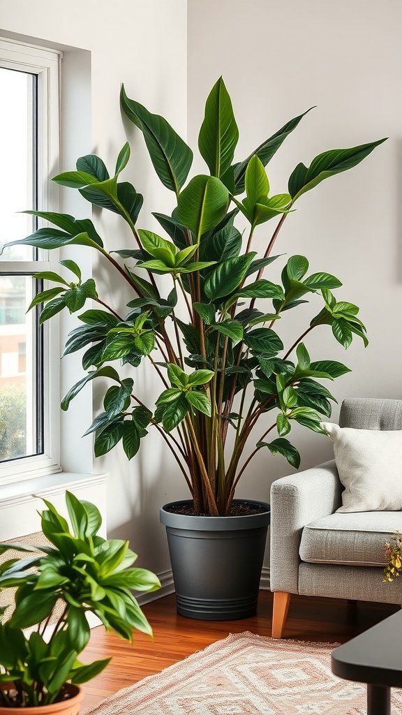 A large indoor plant in a stylish pot placed in the corner of a living room next to a gray sofa.