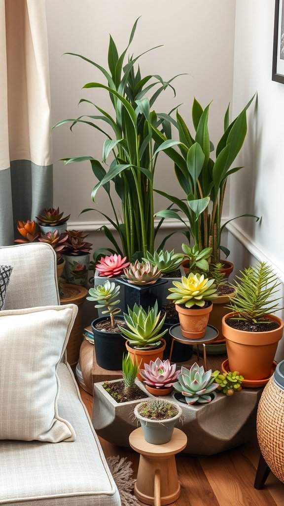 A cozy living room corner featuring a variety of succulents and indoor plants on a stylish plant stand.