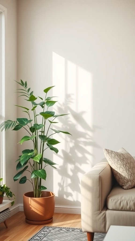 Tall indoor plant in a terracotta pot beside a beige sofa in a light-filled living room