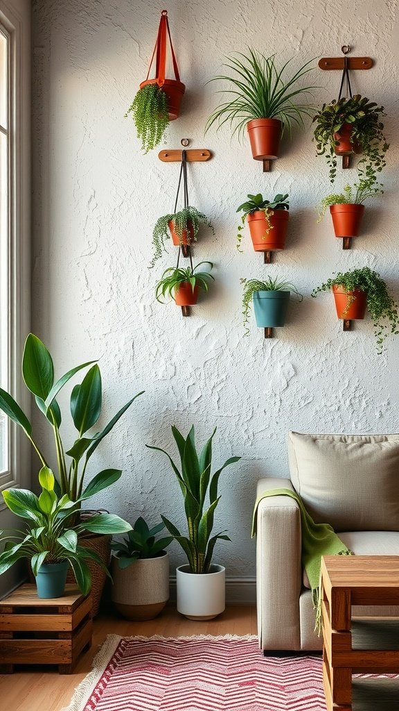 A living room corner with a textured wall displaying various hanging and potted plants.