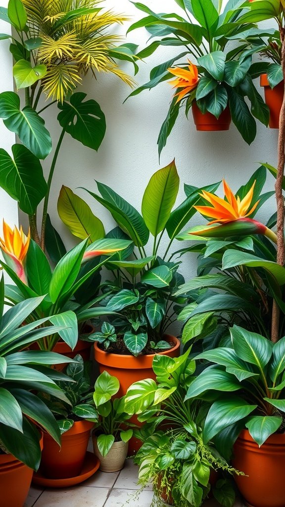 A variety of tropical indoor plants arranged in pots, showcasing vibrant green leaves and colorful flowers.