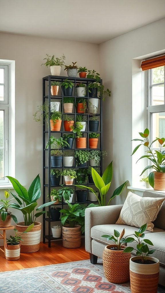 A vertical garden wall filled with a variety of indoor plants on a black plant stand in a cozy living room