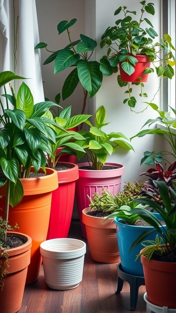 Colorful indoor plants in various pots arranged in a corner.