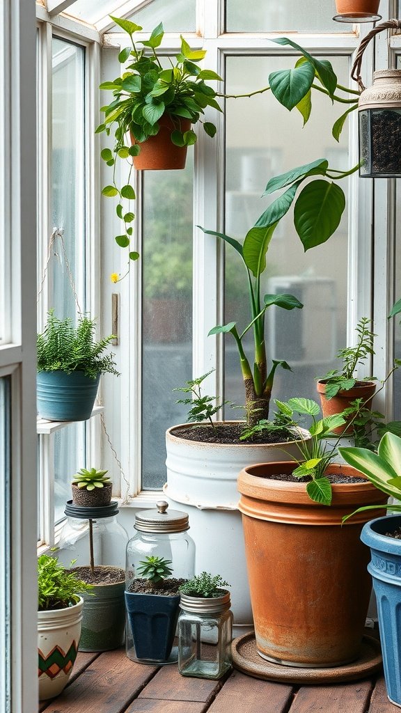 A cozy vintage greenhouse setting filled with various indoor plants in pots, hanging plants, and jars, creating a warm atmosphere.