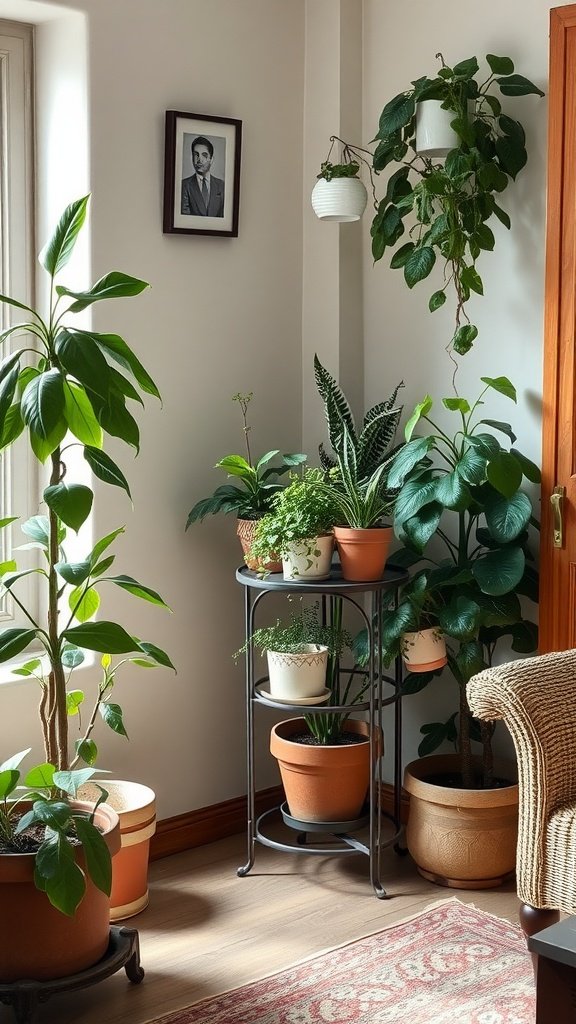 A corner of a living room featuring a vintage plant stand with various indoor plants, surrounded by natural light.