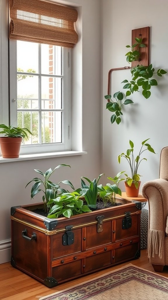 A vintage travel trunk filled with various indoor plants, placed in a cozy living room corner.